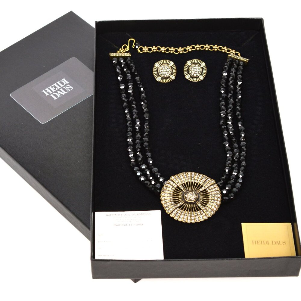 Heidi Daus Jet Bead Necklace Belgian Disc Enhancer and Matching Earrings NEW